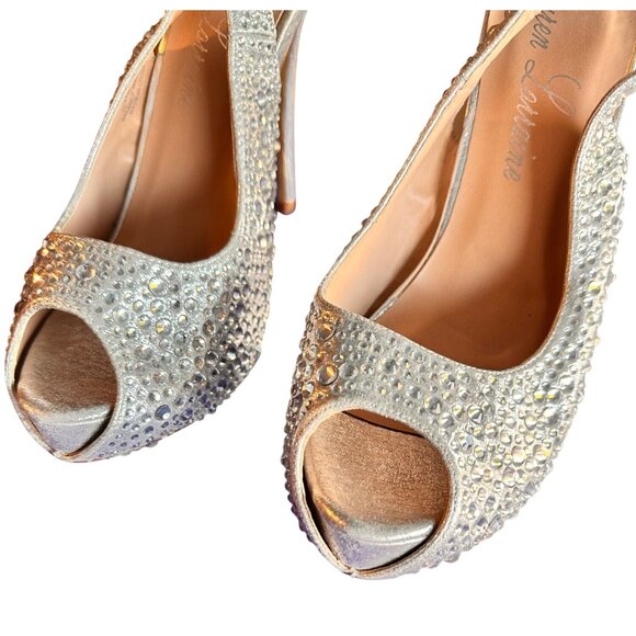Audrey Brooke Size 11 Rhinestone Stilettos Peep-Toe Slingback Silver - Picture 5 of 11